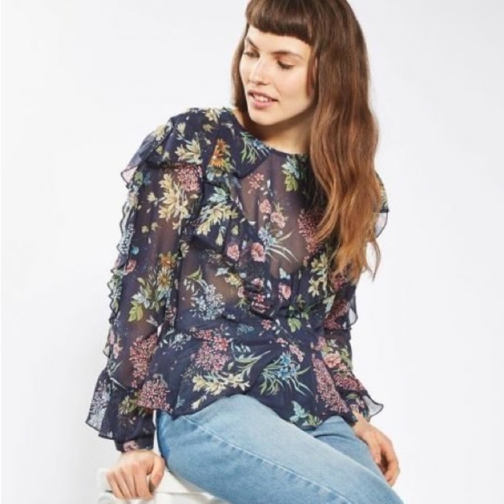 TopShop Floral Ruffle Navy Purple Blue Sheer Blouse